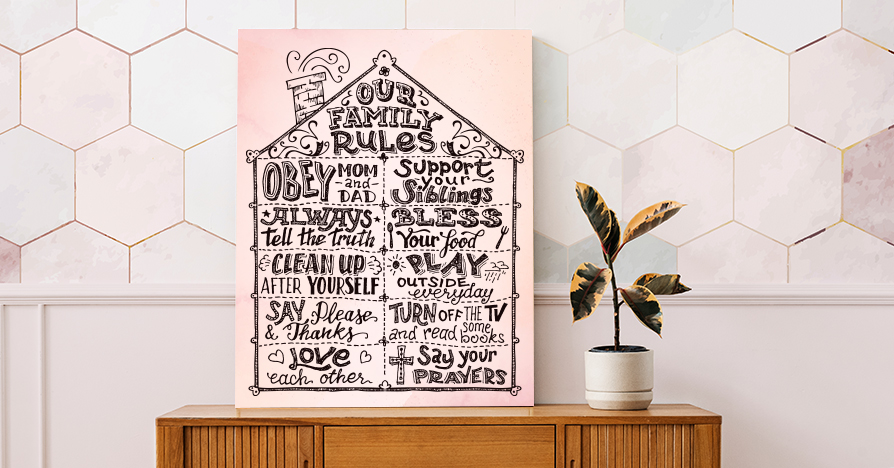 Print family rules with names on canvas