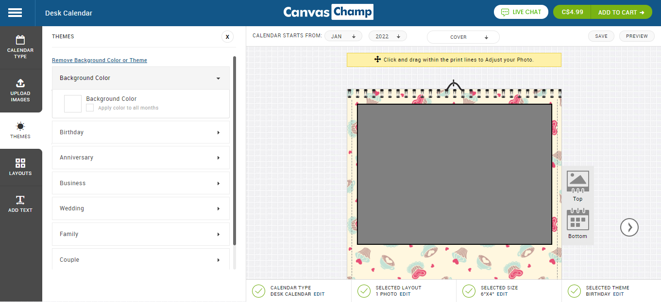 Select the Theme for Calendar from CanvasChamp Tool